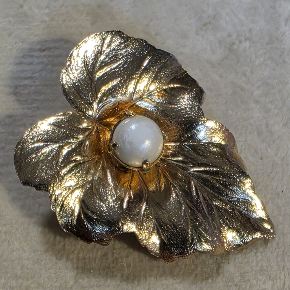 Gold Leaf Brooch with Pearl Center Signed